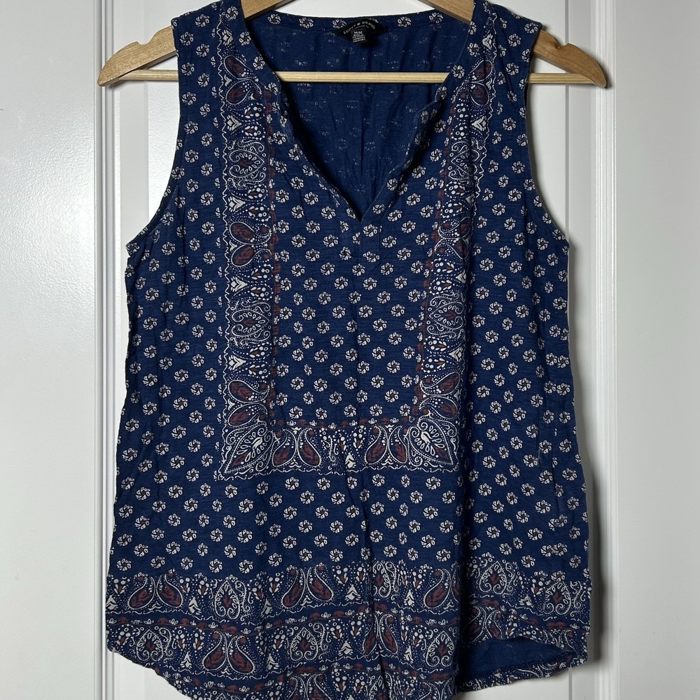 Lucky Brand Navy Blue Paisley Border Print V-Neck Sleeveless Tank Top Boho Style